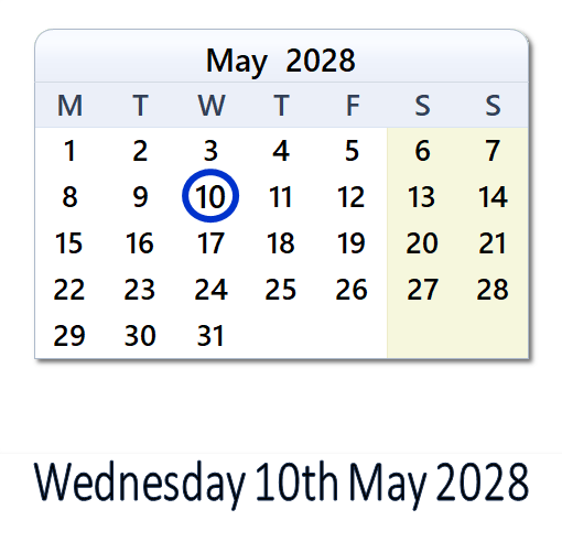 10 May 2028 Calendar with Holidays and Count Down - GBR