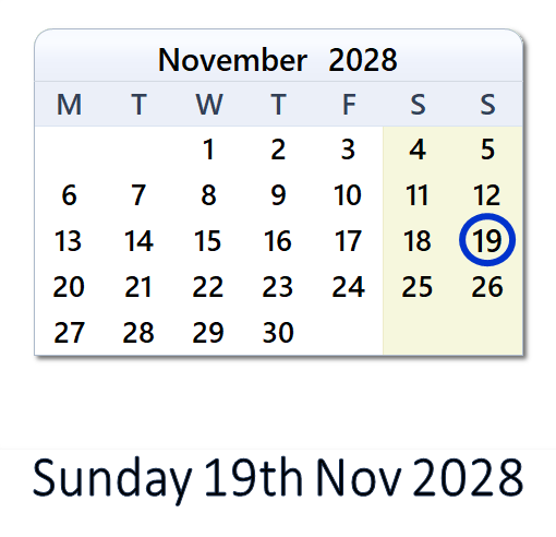 19 November 2028 Calendar with Holidays and Count Down - GBR