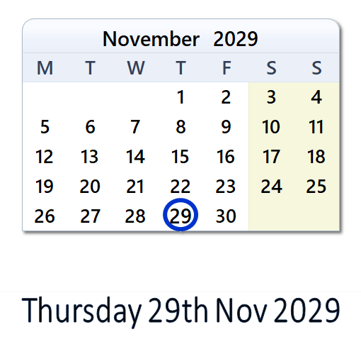 29 November 2029 Calendar with Holidays and Count Down - GBR
