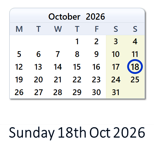 October 18, 2026 Calendar with Holiday info and Count Down - IND