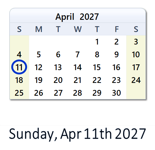 April 11, 2027 Calendar with Holidays & Count Down - USA