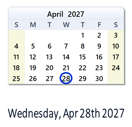 April 28, 2027 Calendar with Holidays & Count Down - USA