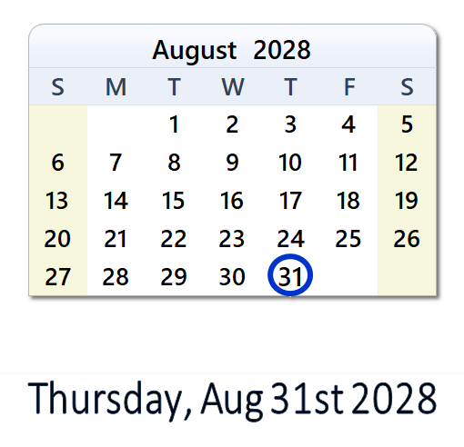 31 August 2028 Calendar with Holidays and Count Down - ZAF