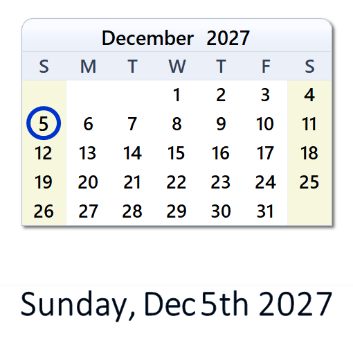December 5 2027 Calendar 1 December 5, 2027 Calendar with Holidays & Count Down - USA