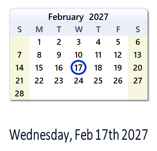 February 17, 2027 Calendar with Holidays & Count Down - USA