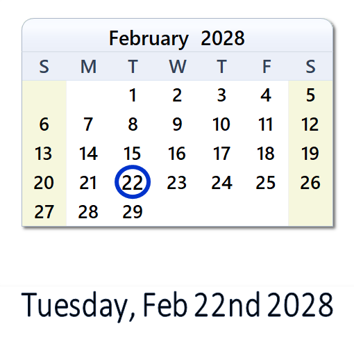 22 February 2028 Calendar with Holidays and Count Down - ZAF