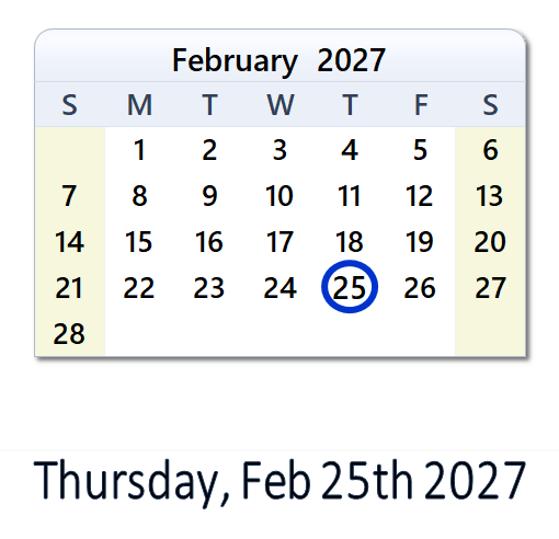 February 25, 2027 Calendar with Holidays & Count Down - USA