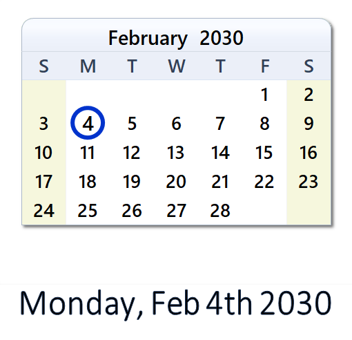 February 4, 2030 Calendar with Holidays & Count Down - USA