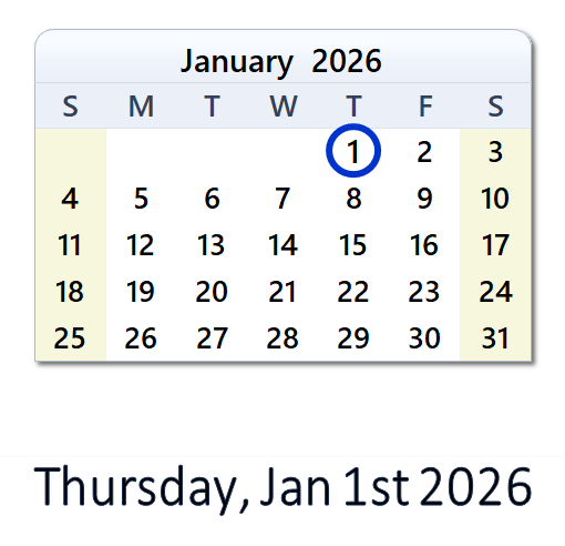 January 1, 2026 Calendar with Holidays & Count Down - USA