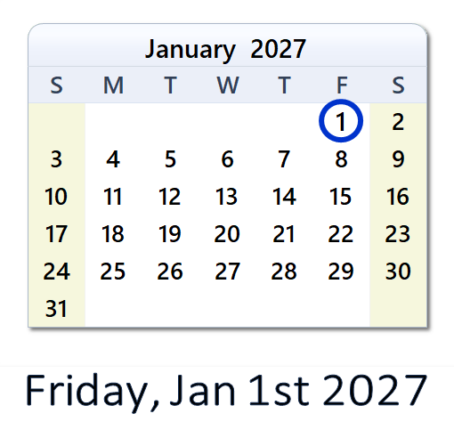 January 1, 2027 Calendar with Holidays & Count Down - USA