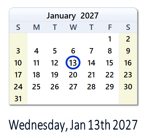 January 13, 2027 Calendar with Holidays & Count Down - USA