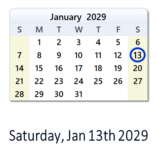 January 13, 2029 Calendar with Holidays & Count Down - USA
