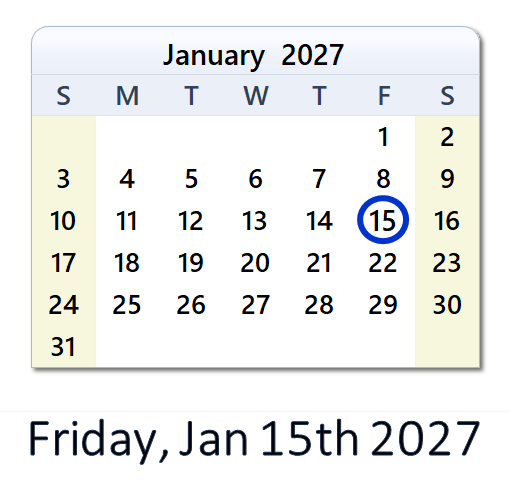 January 15, 2027 Calendar with Holidays & Count Down - USA