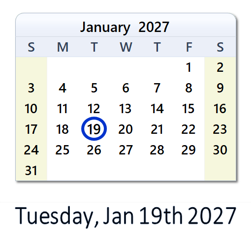 January 19, 2027 Calendar with Holidays & Count Down - USA