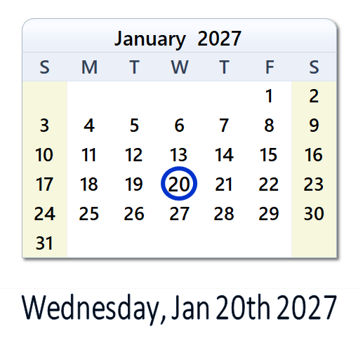 January 20, 2027 Calendar with Holidays & Count Down - USA