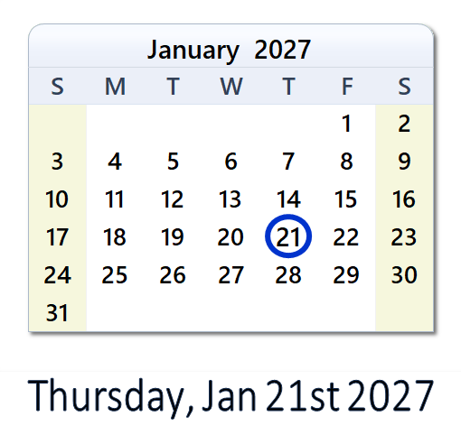January 21, 2027 Calendar with Holidays & Count Down - USA
