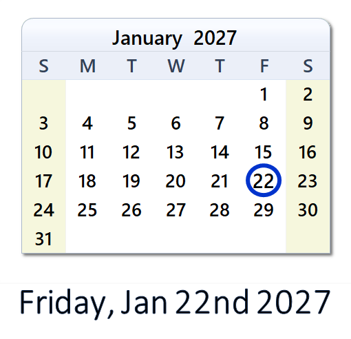 January 22, 2027 Calendar with Holidays & Count Down - USA