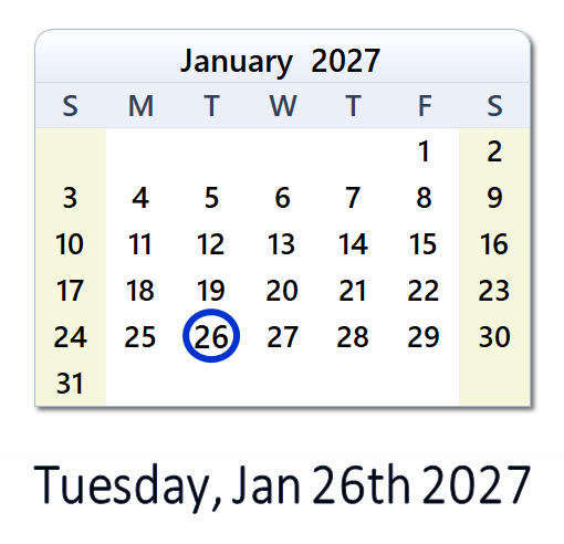 January 26, 2027 Calendar with Holidays & Count Down - USA