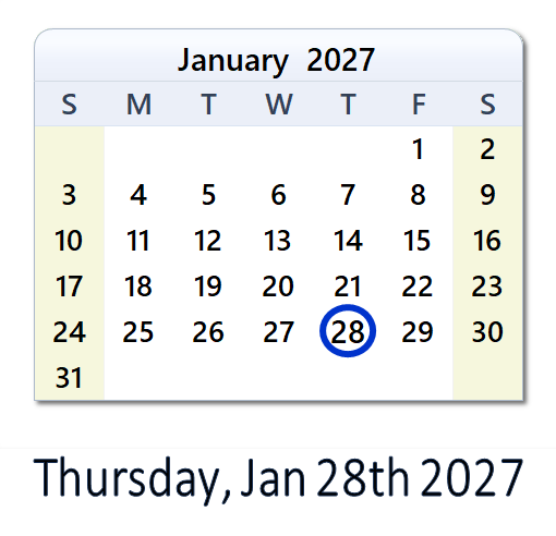 January 28, 2027 Calendar with Holidays & Count Down - USA