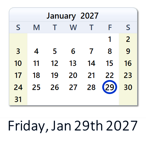 January 29, 2027 Calendar with Holidays & Count Down - USA