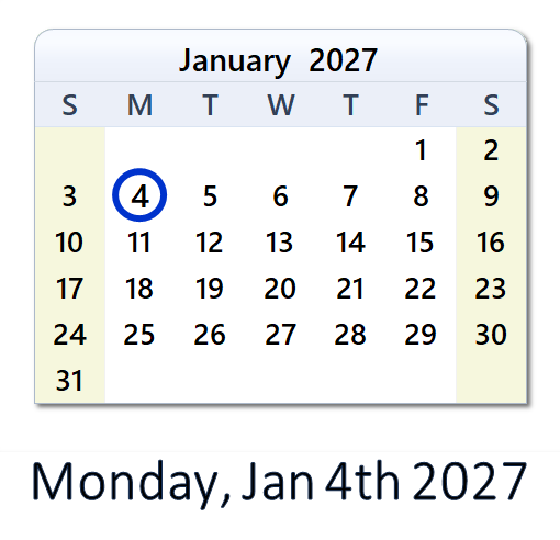 January 4, 2027 Calendar with Holidays & Count Down - USA