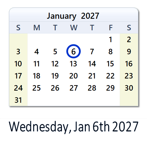 January 6, 2027 Calendar with Holidays & Count Down - USA