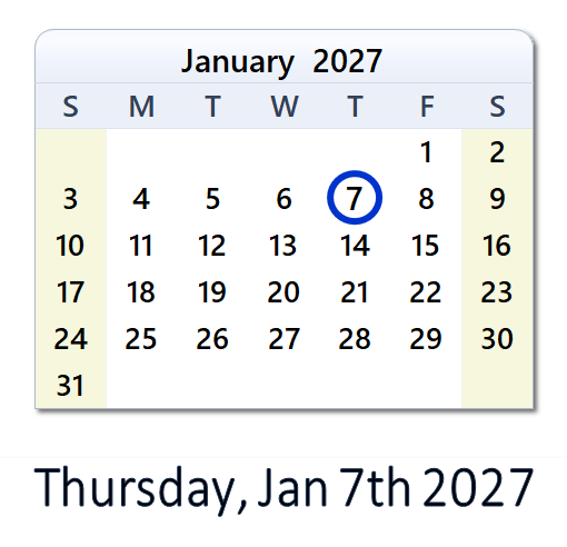 January 7, 2027 Calendar with Holidays & Count Down - USA