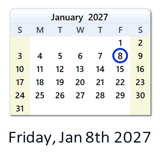 January 8, 2027 Calendar with Holidays & Count Down - USA