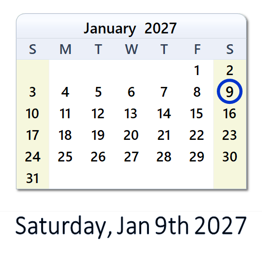 January 9, 2027 Calendar with Holidays & Count Down - USA