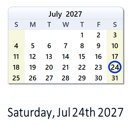 July 24, 2027 Calendar with Holidays & Count Down - USA