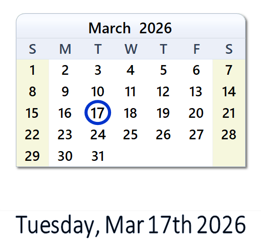 March 17, 2026 Calendar with Holidays & Count Down - USA