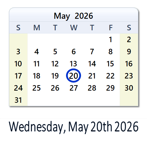 Picture of May 20, 2026 Calendar with Holidays & Count Down - USA