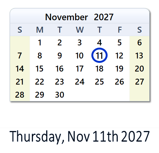 Week 111027 Nov 11, 2027: Holidays, Day & Date Info with Countdown - USA