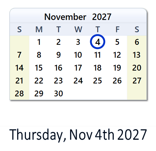 November 4, 2027 Calendar with Holidays & Count Down - USA