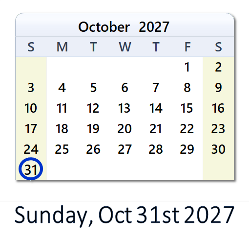 October 31, 2027 Calendar with Holidays & Count Down - USA