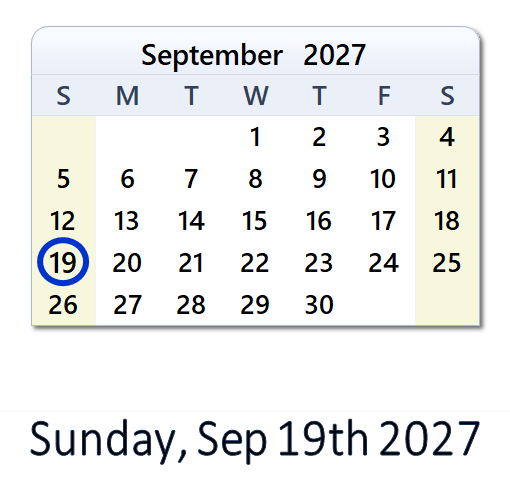 September 19, 2027 Calendar with Holidays & Count Down - USA