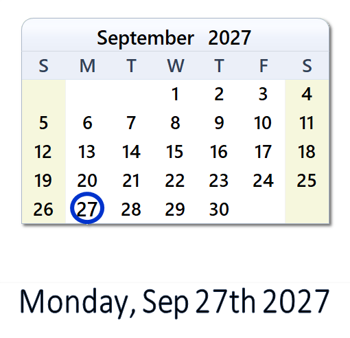 September 27, 2027 Calendar with Holidays & Count Down - USA