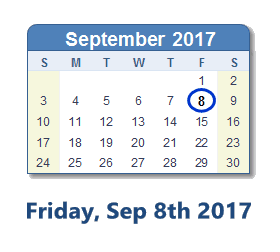 September 8 2017 Calendar with Holiday info and Count Down