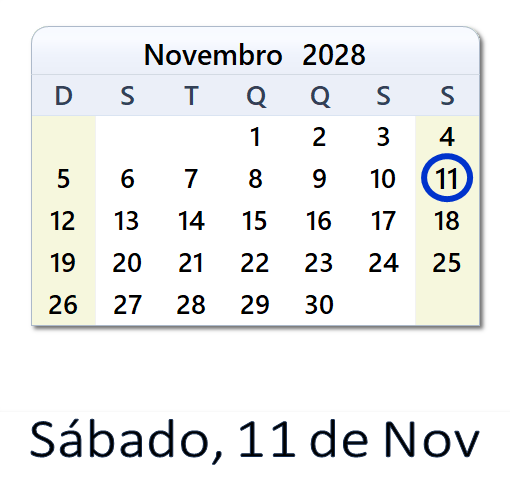 11 de Nov, 2028 Calendário com Feriados e Cont. Regressiva - BRA
