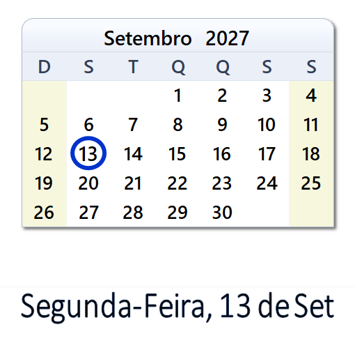 13 de Set, 2027 Calendário com Feriados e Cont. Regressiva - BRA