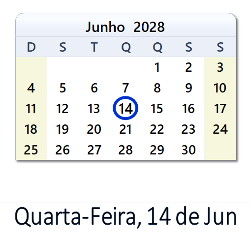14 de Jun, 2028 Calendário com Feriados e Cont. Regressiva - BRA