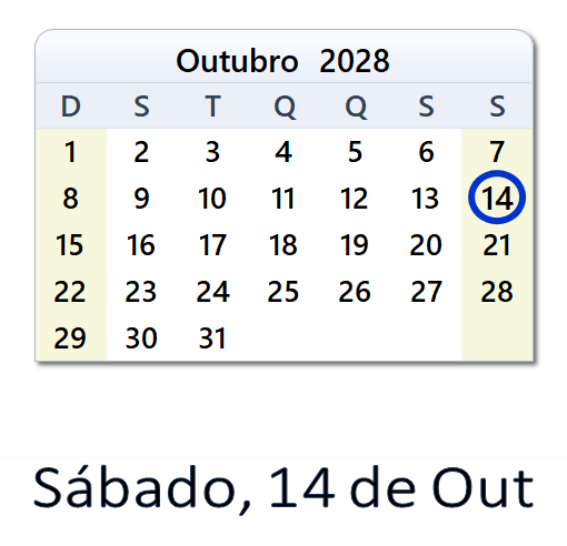 14 de Out, 2028 Calendário com Feriados e Cont. Regressiva - BRA