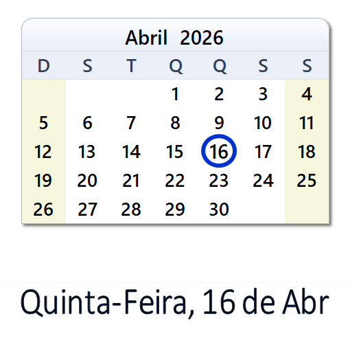 16 de Abr, 2026 Calendário com Feriados e Cont. Regressiva - BRA