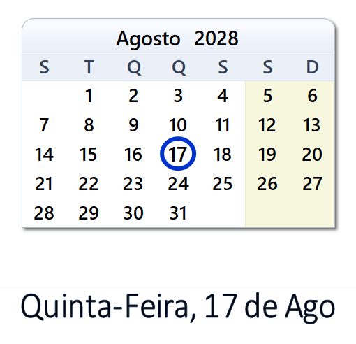 17 de Ago, 2028 Calendário com Feriados e Cont. Regressiva - POR