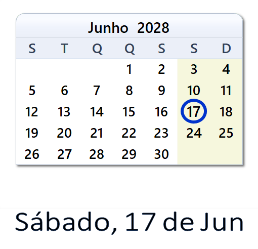 17 de Jun, 2028 Calendário com Feriados e Cont. Regressiva - POR
