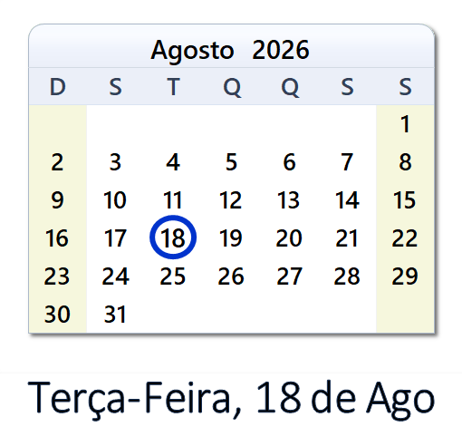 18 de Ago, 2026 Calendário com Feriados e Cont. Regressiva - BRA