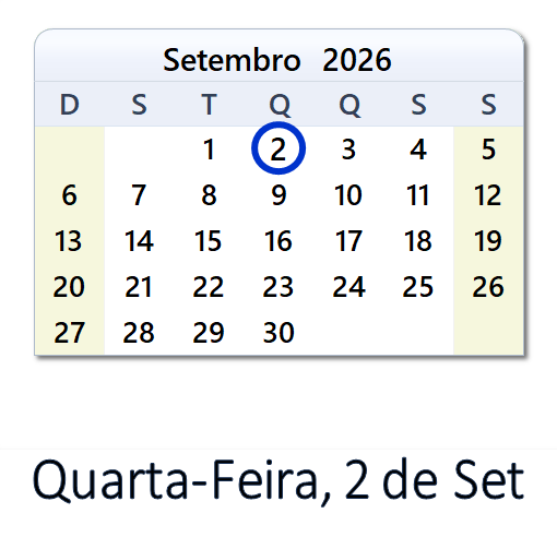 2 de Set, 2026 Calendário com Feriados e Cont. Regressiva - BRA