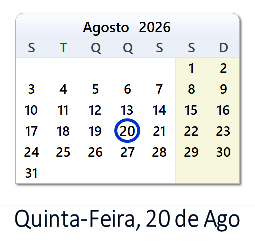20 de Ago, 2026 Calendário com Feriados e Cont. Regressiva - POR