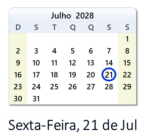 21 de Jul, 2028 Calendário com Feriados e Cont. Regressiva - BRA