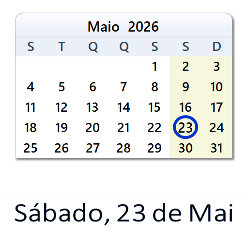 23 de Mai, 2026 Calendário com Feriados e Cont. Regressiva - POR